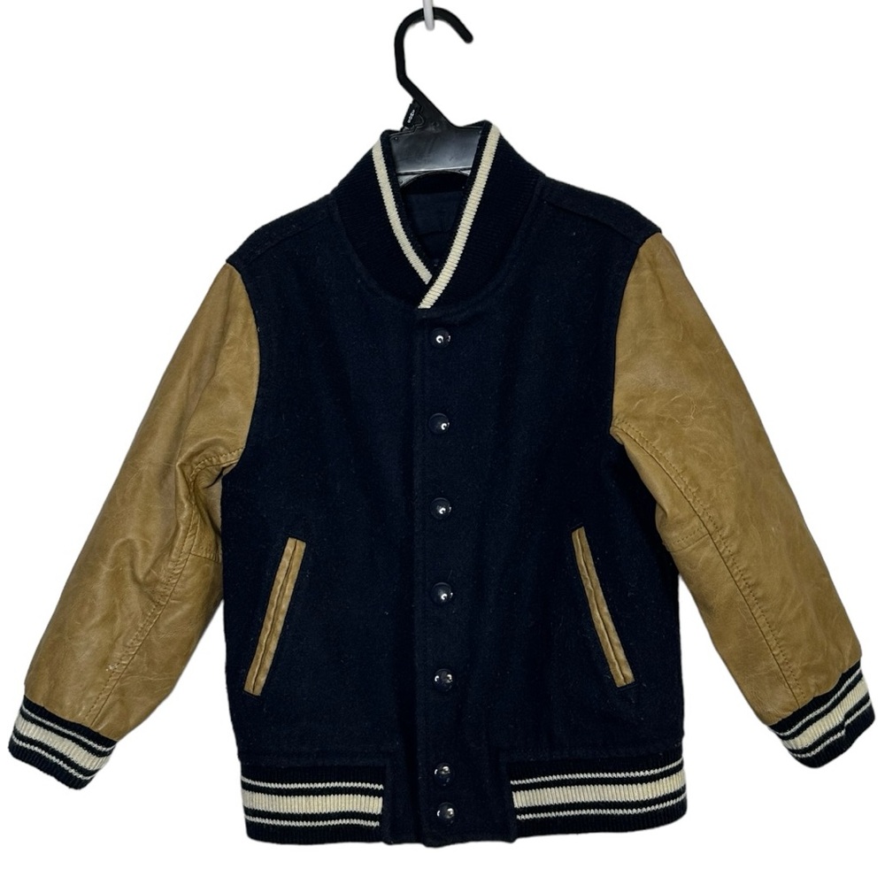 Gap Navy Blue Tan Varsity Jacket Wool Buttoned Size 4 Years